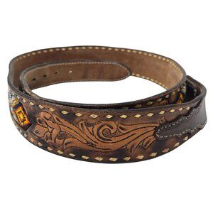 3D Mens 44 Buck Lacing Beaded‎ Inlay Leather Belt Brown NO Buckle
